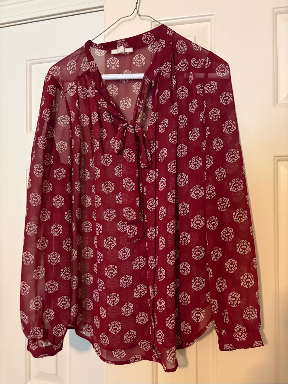Pleione Burgundy Tie-Neck Printed Blouse
